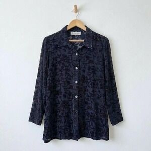 Vintage Silk Blend Burnout Velvet Floral Blouse Navy Purple 6 Whimsy Goth Witchy